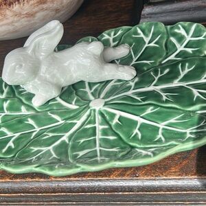 Green Leaf Ceramic Dish with White Bunny Figurine